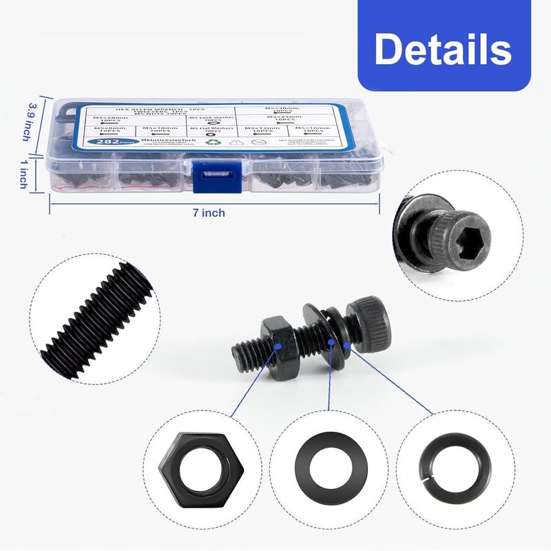 MklusiveTech 282 Pcs M5 Screw Metric Hex Socket Head Cap Bolts M5x8mm 10mm 12mm 16mm 20mm 25mm 30mm Washers Screws and Nuts High Strength Grade 12.9 Black Zinc Plated (Black 282Pcs M5(8mm-30mm)) - Image 5